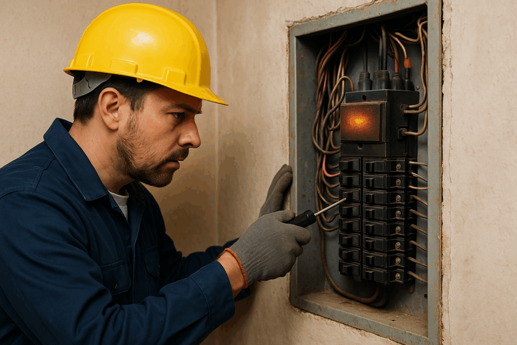 Electrician inspecting a buzzing electrical panel in an older home.