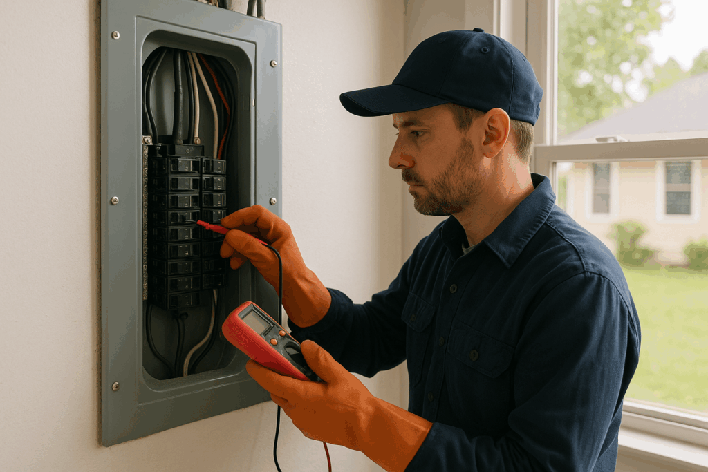 An electrician inspecting a residential electrical panel for signs of overheating or failure.