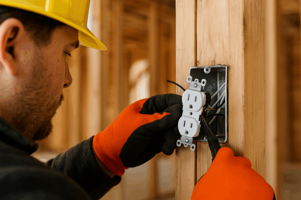 Electrician installing outlets and switches during new home construction in Westville, FL.
