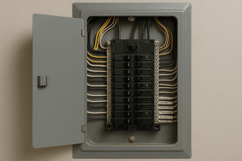 Upgraded electrical panel with new circuit breakers and labeled wiring for energy-efficient distribution.
