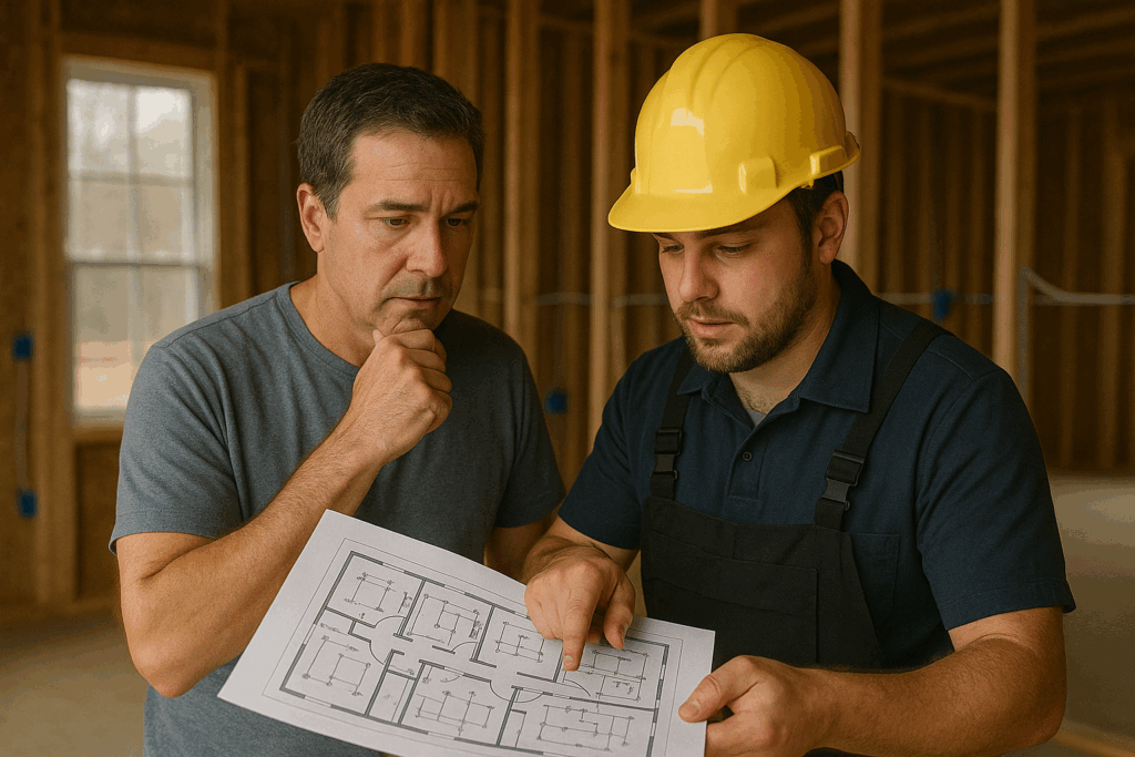 Licensed electrical contractor reviewing home wiring plans with a homeowner in Westville, FL.